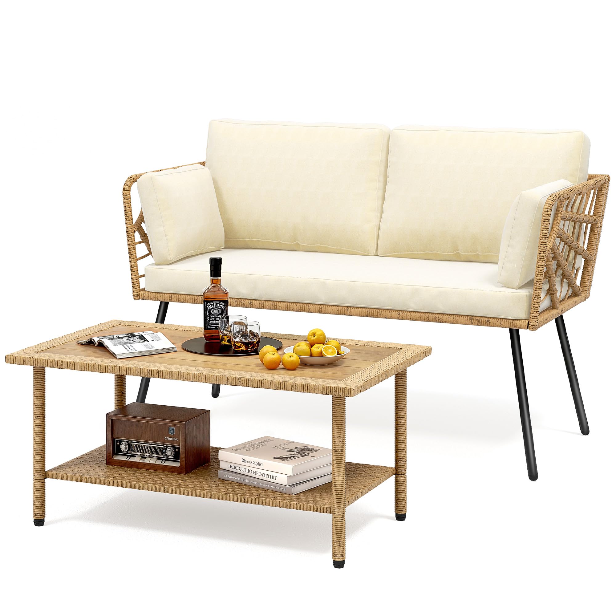 2 Pieces Patio Furniture Set, All-Weather Wicker Rattan Loveseat