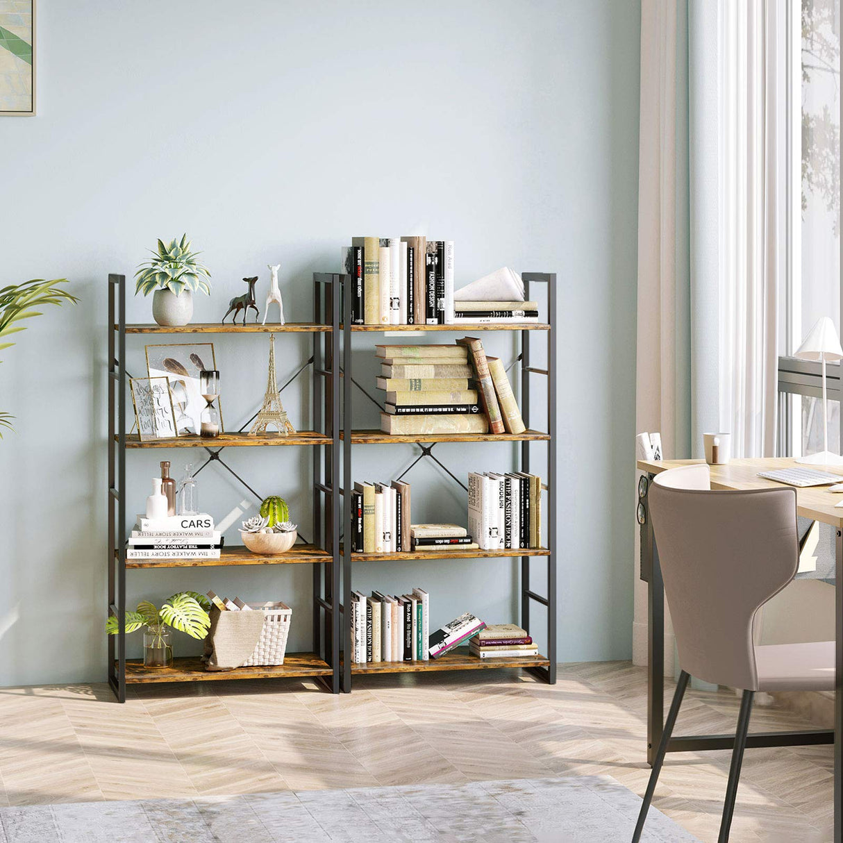 4 Tier Shelf Storage Organizer, Modern Book Shelf with Metal Frame for Bedroom, Living Room and Home Office, Rustic Brown