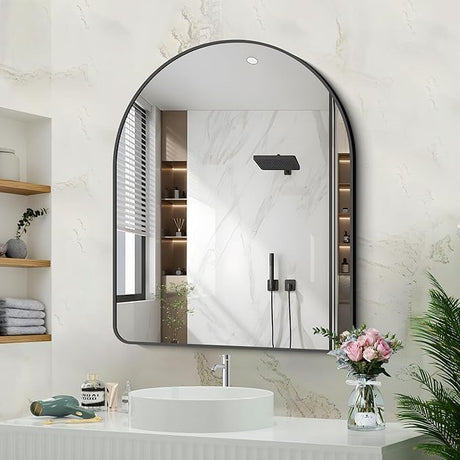 Bathroom Mirror, 30"x48" Black Arched Mirror for Bathroom, Wall Mounted Mirror, Black Vanity Wall Mirror w/Metal Frame for Bedroom, Entryway, Living Room, Vertically Hanging