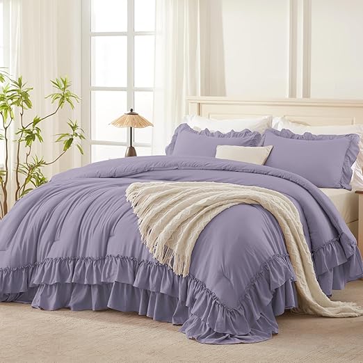 = White Comforter Set Queen Size, Lightweight Fluffy Farmhouse White Ruffle=
