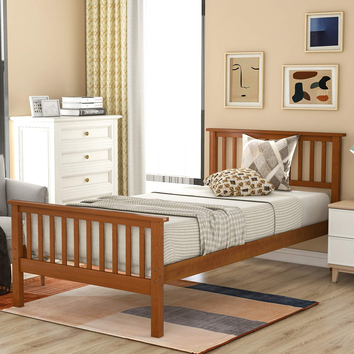 Twin Bed Frame with Headboard and Footboard - Oak Wood Platform