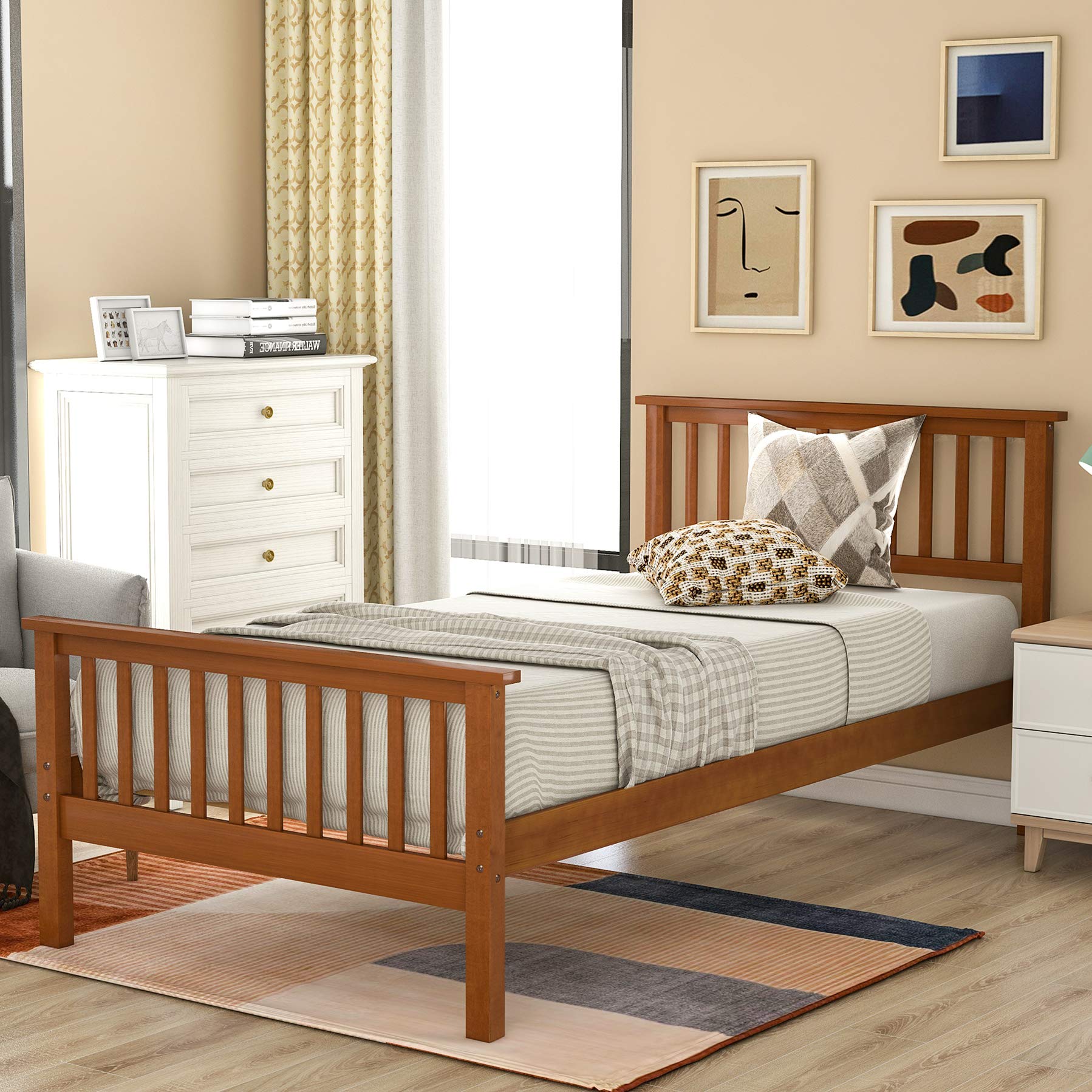 Twin Bed Frame with Headboard and Footboard - Oak Wood Platform