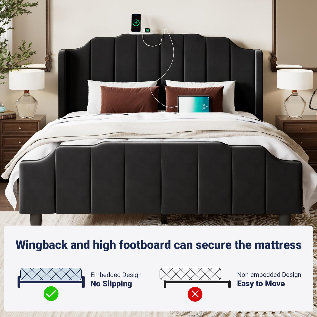 Vintage Full Size Velvet Platform Bed Frame with Tufted Wingback Headboard