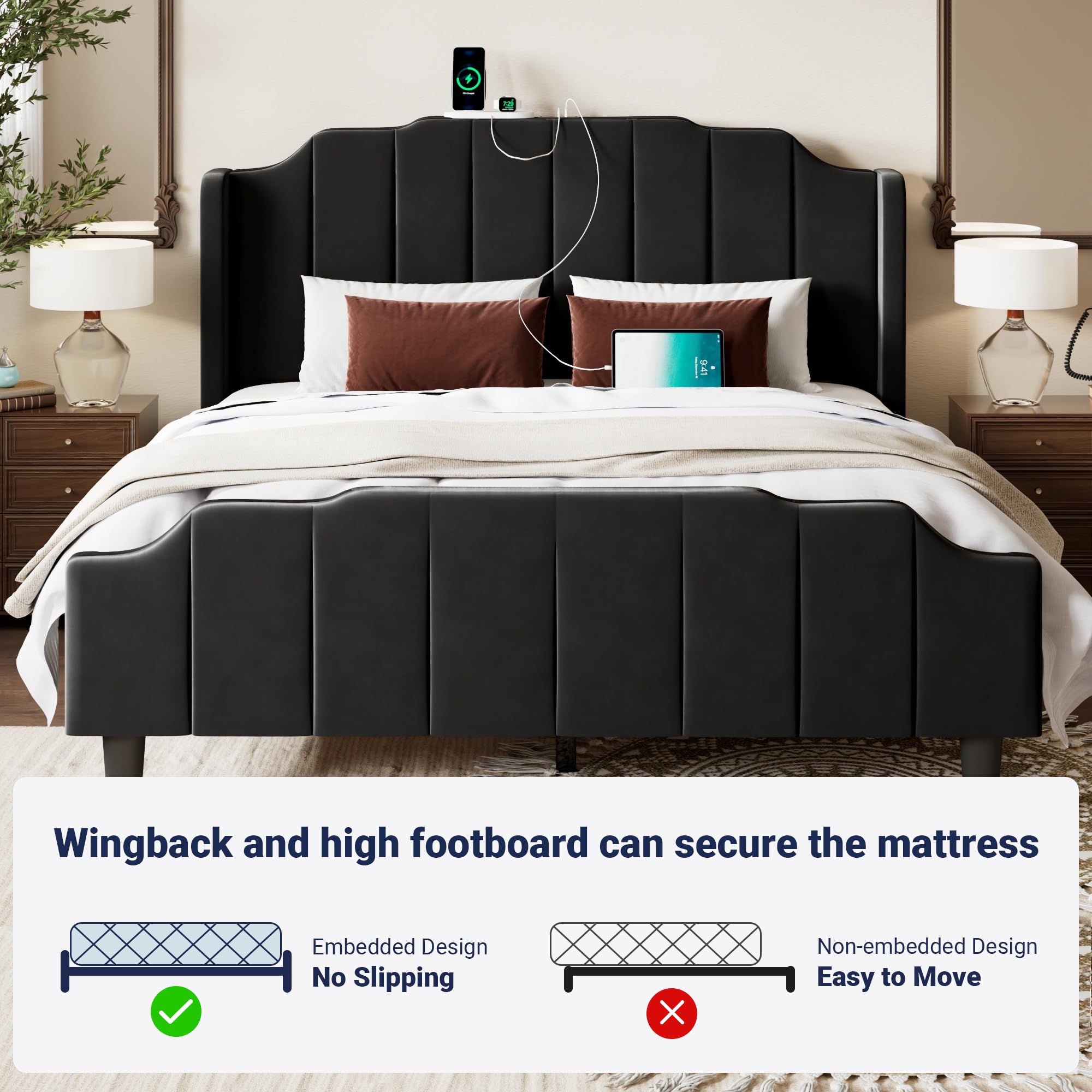 Full Size Velvet Platform Bed with Tufted Wingback Headboard