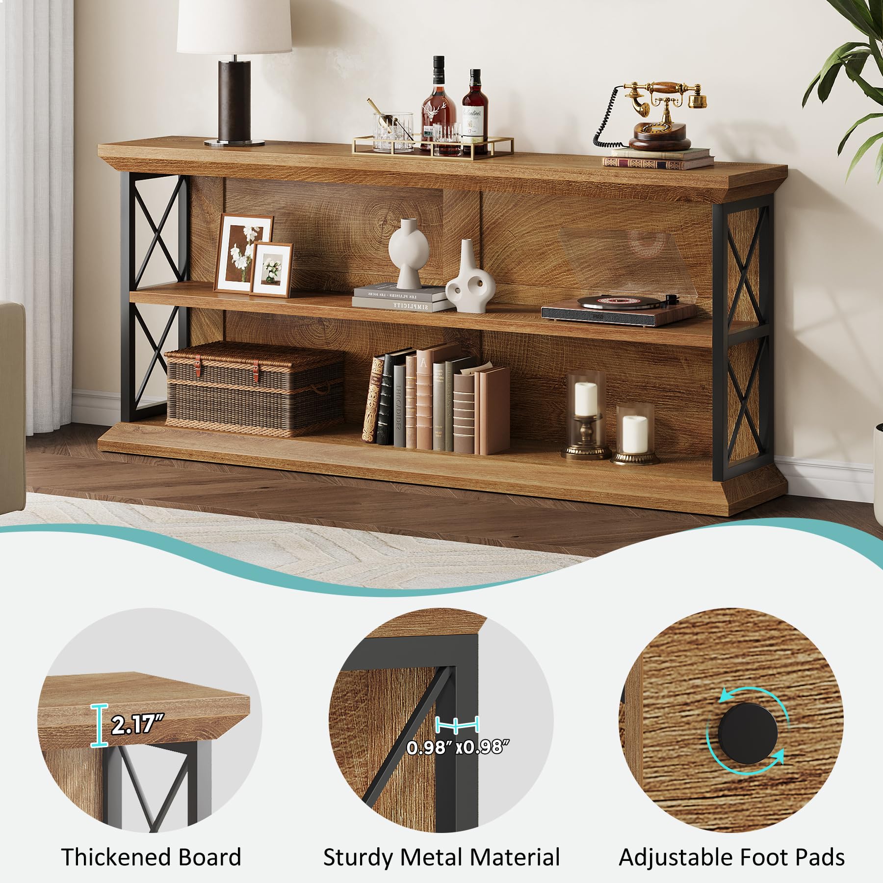 63 Inch Console Table with 3-Tier Storage - Oak Brown