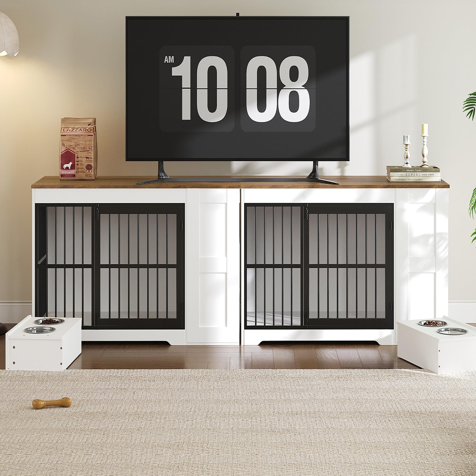 47.2" Dog Crate Furniture with Storage Shelf and Feeding Bowls