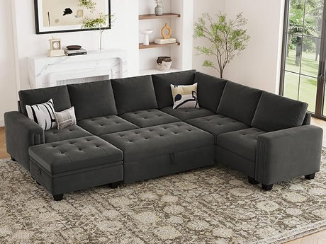 Modular Sectional Sleeper Sofa with Pull Out Bed U Shaped Sectional Sofa Couch with Storage Ottoman