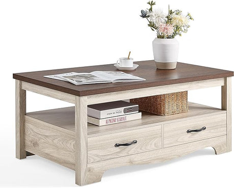 Farmhouse Coffee Table with Storage, Wood Coffee Table for Living Room