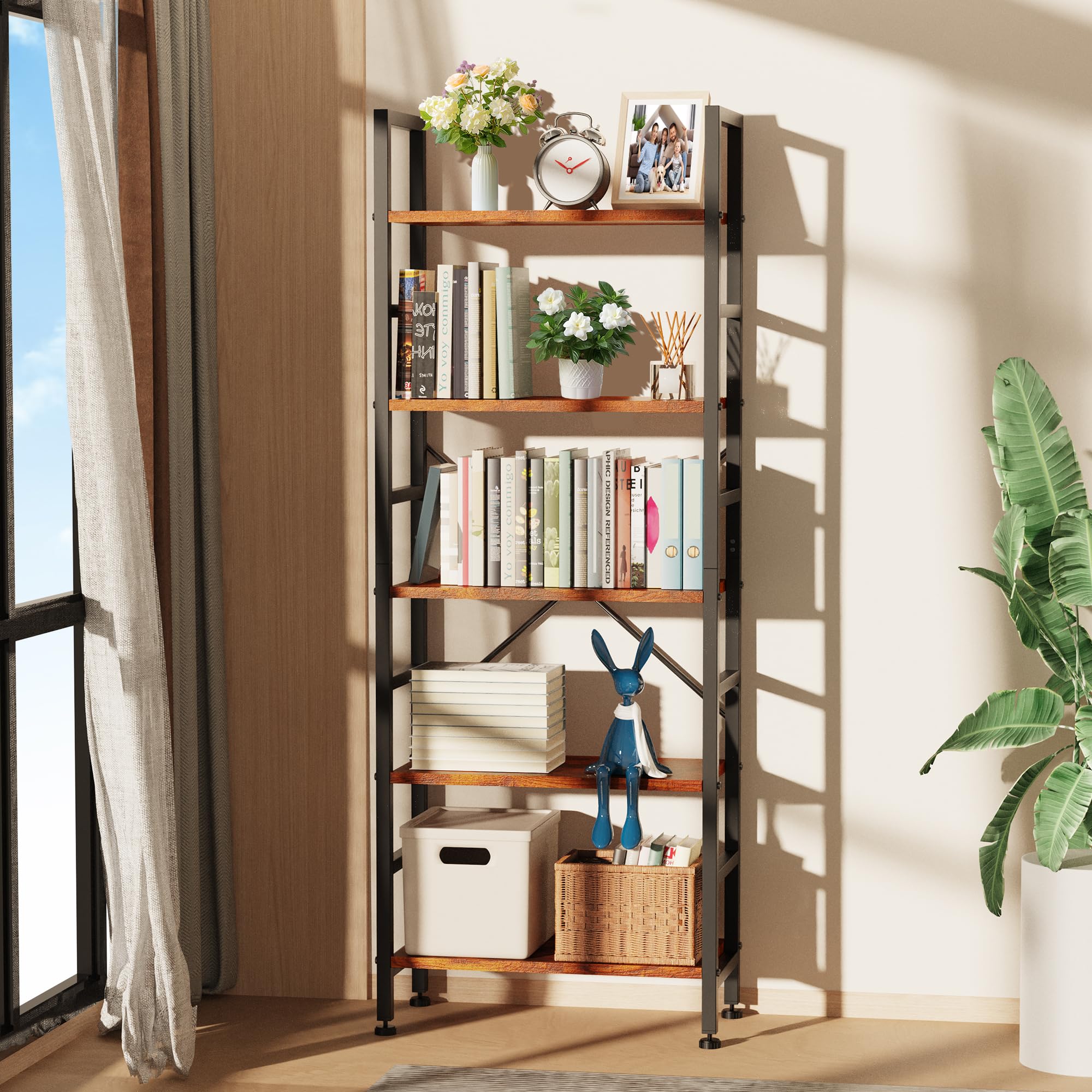 Simple Deluxe Book Shelf, 5 Tier Bookcase, Tall Bookshelf Display Storage Shelf for Books, Movies, Cd, Industrial Corner Book Case Modern Organizer for Bedroom Kitchen Office Living Room Rust Brown