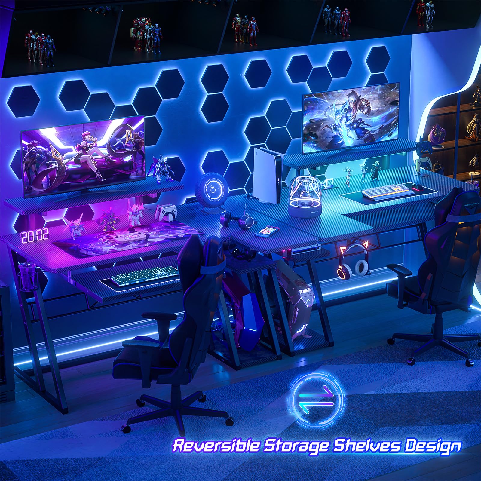 Gaming Desk with Shelves and Outlets, L Shaped Gaming Desk with LED Lights,
