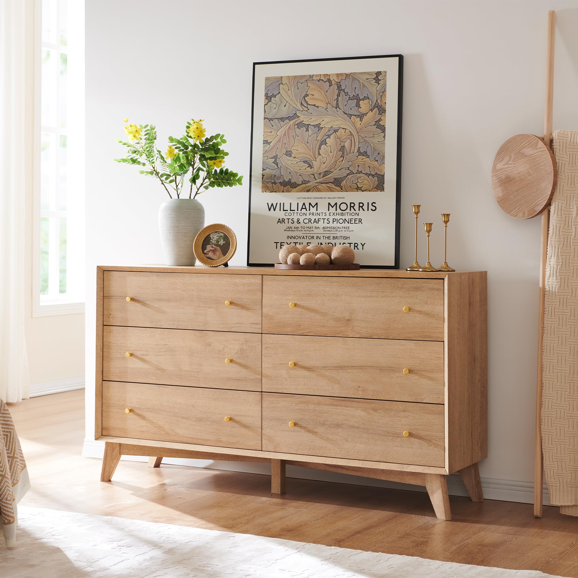 6 Drawer Dresser, 54" Wide Mid Century Modern Chest of Drawers