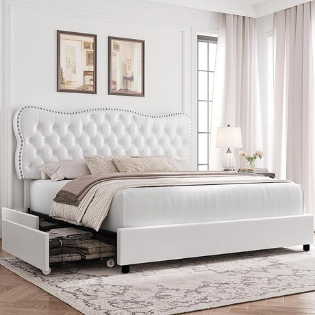 Queen Bed Frame with 4 Storage Drawers, Upholstered Platform Frame