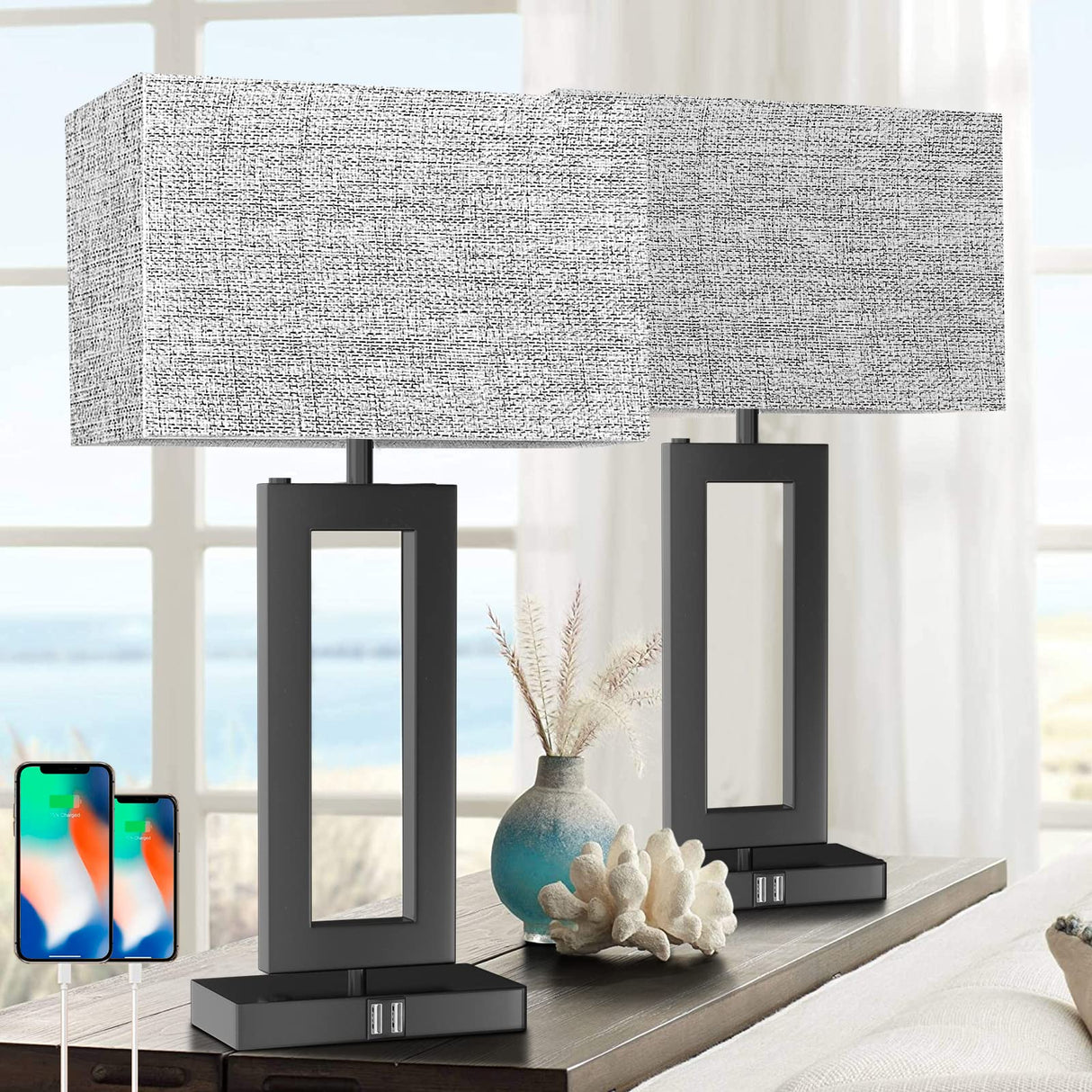 22’’ Tall Set of 2 Touch Control Table Lamp w. 2 USB Ports, 3-Way Dimmable Modern