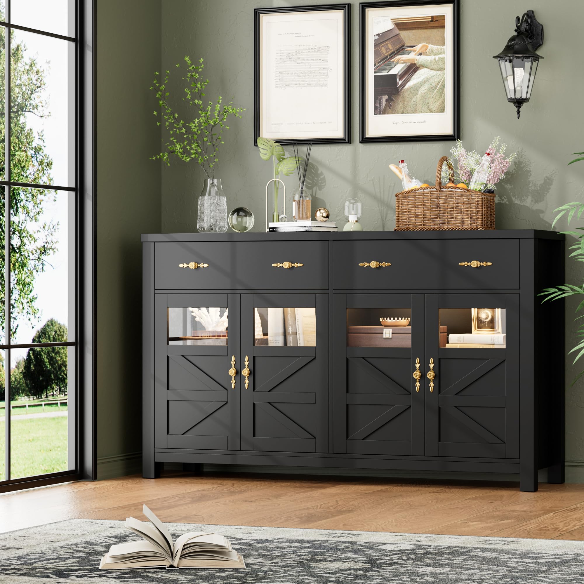 Buffet Cabinet with Storage, 55.1" Large Sideboard Buffet Cabinet, Farmhouse Sideboard