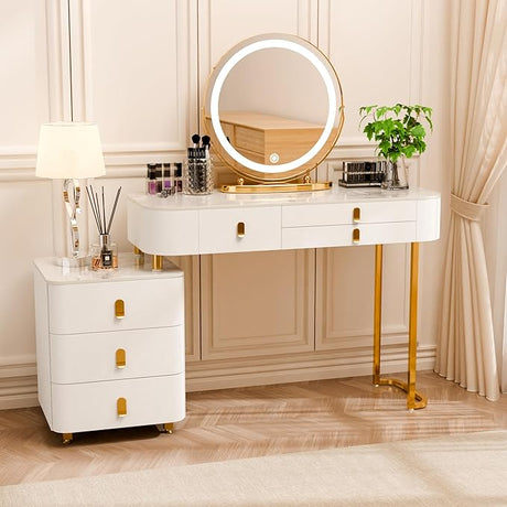 Vanity Desk with Lighted Mirror and Drawers,Makeup Vanity Table with Storage Cabinet and Vanity Chair