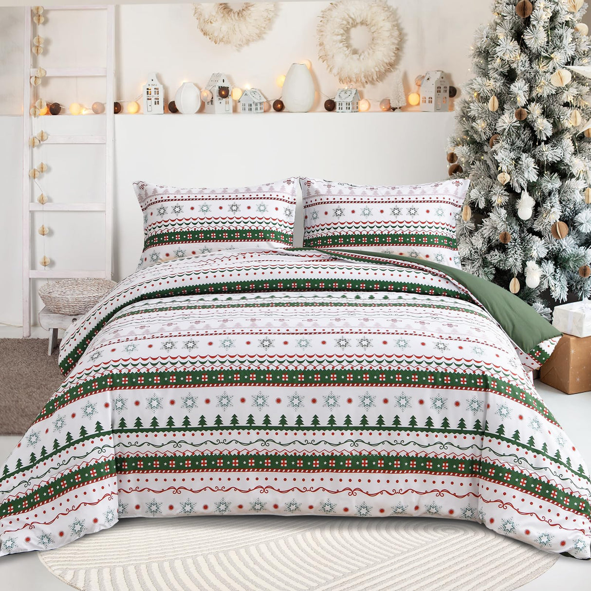 Christmas Comforter Set Queen Size, Green White Snowflake Christmas Tree Printed