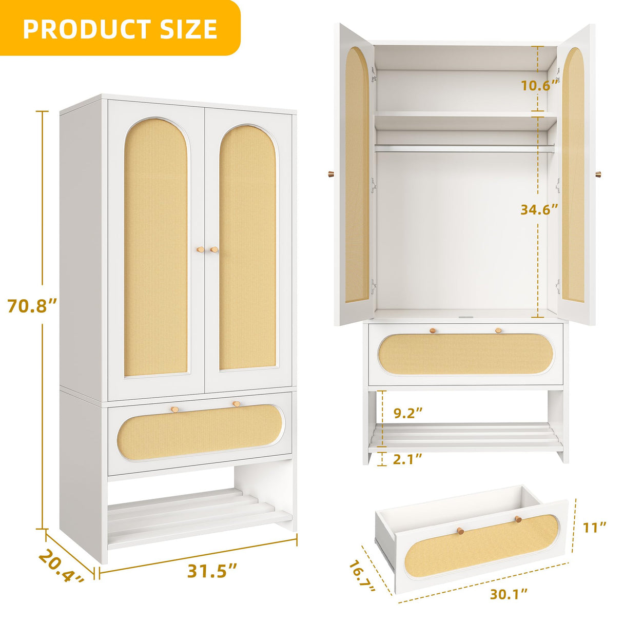 Natural Rattan Armoire Storage Cabinet, 70" Tall Rattan Armoire Closet with Doors