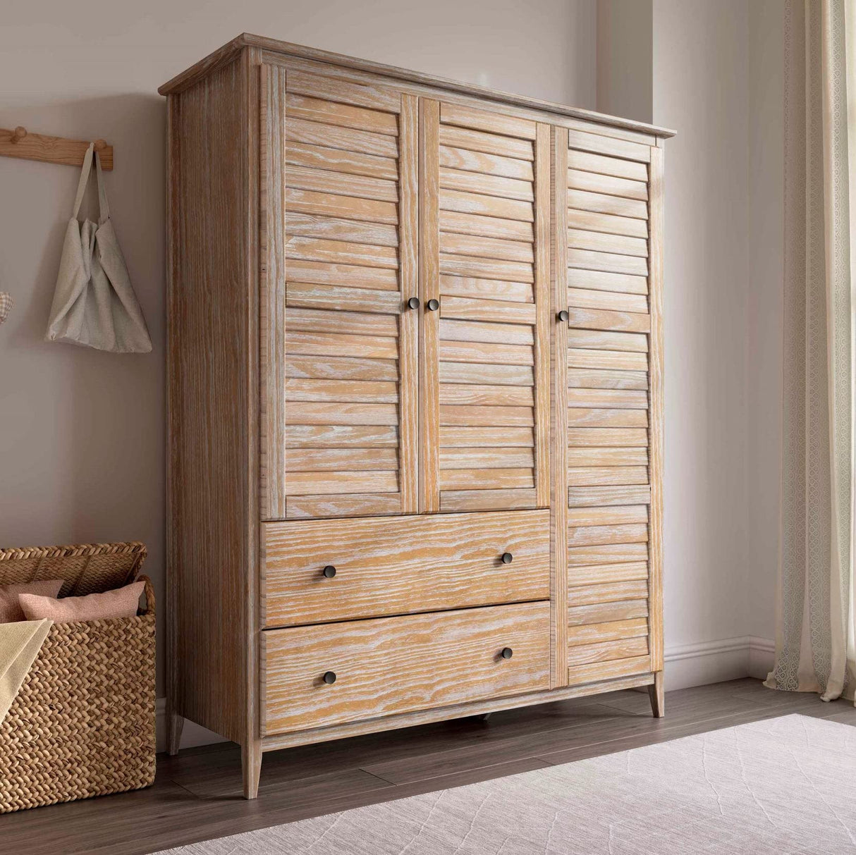 Greenport 3-Door Wardrobe, Solid Wood with Brushed Driftwood Finish