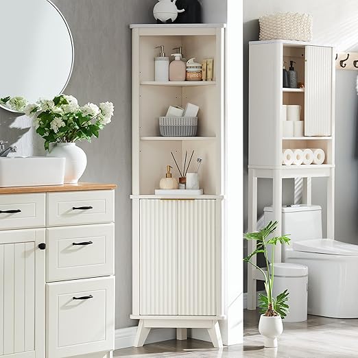 68" Tall Corner Cabinet, Modern Fluted Storage Cabinet with Faux Marble Top & Adjustable