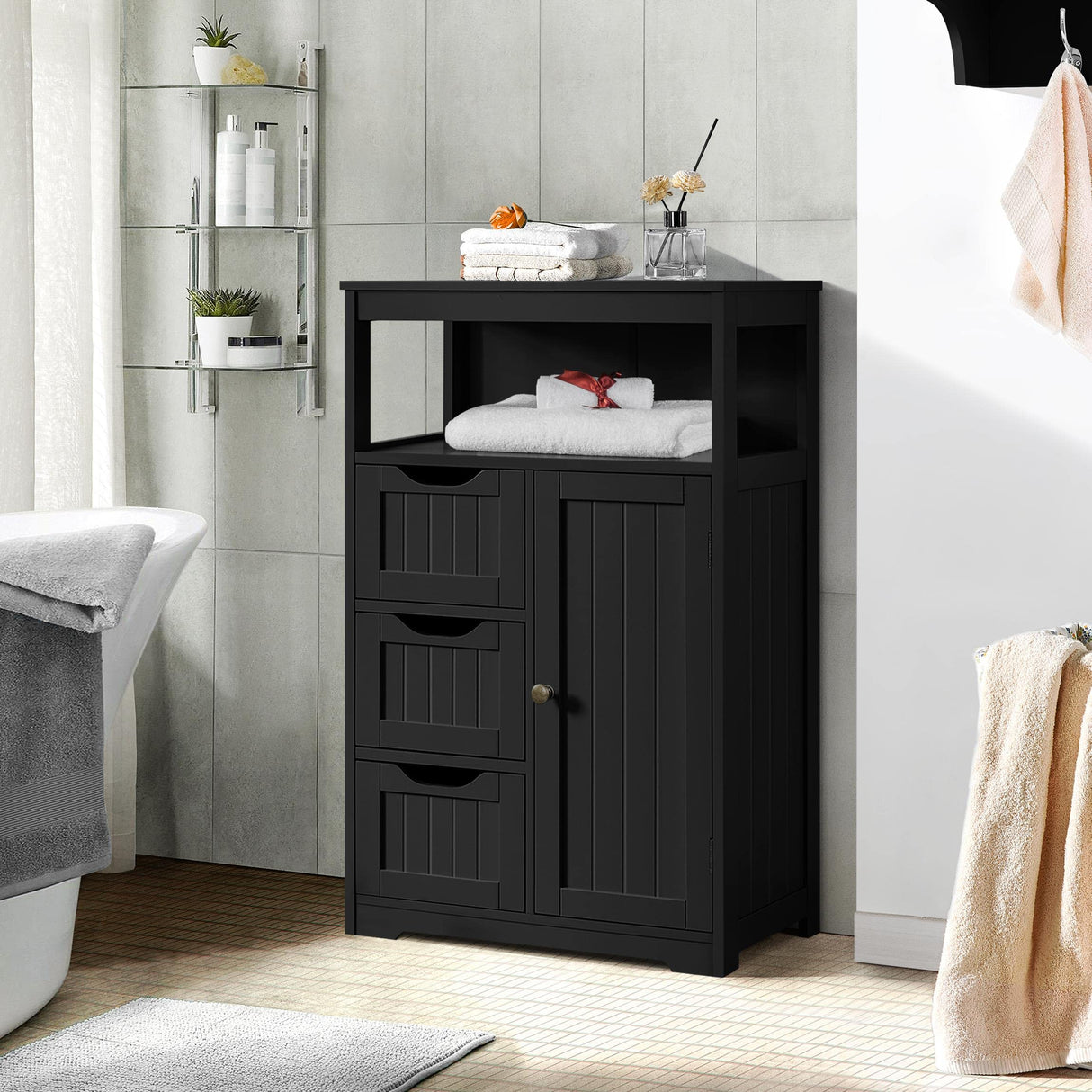 Bathroom Floor Cabinet, Free Standing Wooden Storage Organizer Multiple Tiers Storage