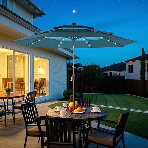 10ft 3 Tier Solar Patio Umbrella, Outdoor Market Umbrellas with 24 LED Lights, Auto-tilt