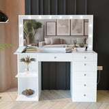 White Makeup Vanity Desk with Hollywood Mirror & Lights, Aine, 6 Drawers, 2 Shelves, USB-C/USB Outlet, Glam Glass Top