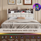 Floating Bed Frame with RGB LED Lights and Charging Station,Velvet Upholstered