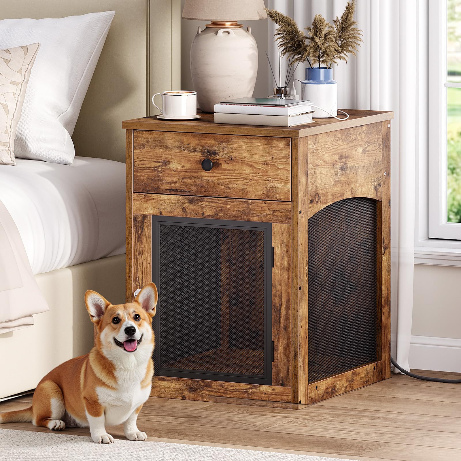 Dog Crate Furniture with Charging Station and Drawer