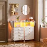 Tall Dresser with 4 Fabric Drawers, White Dresser with LED Light & Charging Station, Small Nightstand Dresser for Bedroom, White