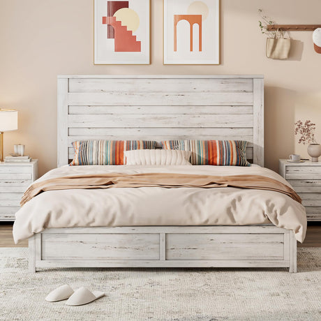 Farmhouse Full Bed Frame with 49" Tall Headboard, Wooden Platform Bed with Hidden