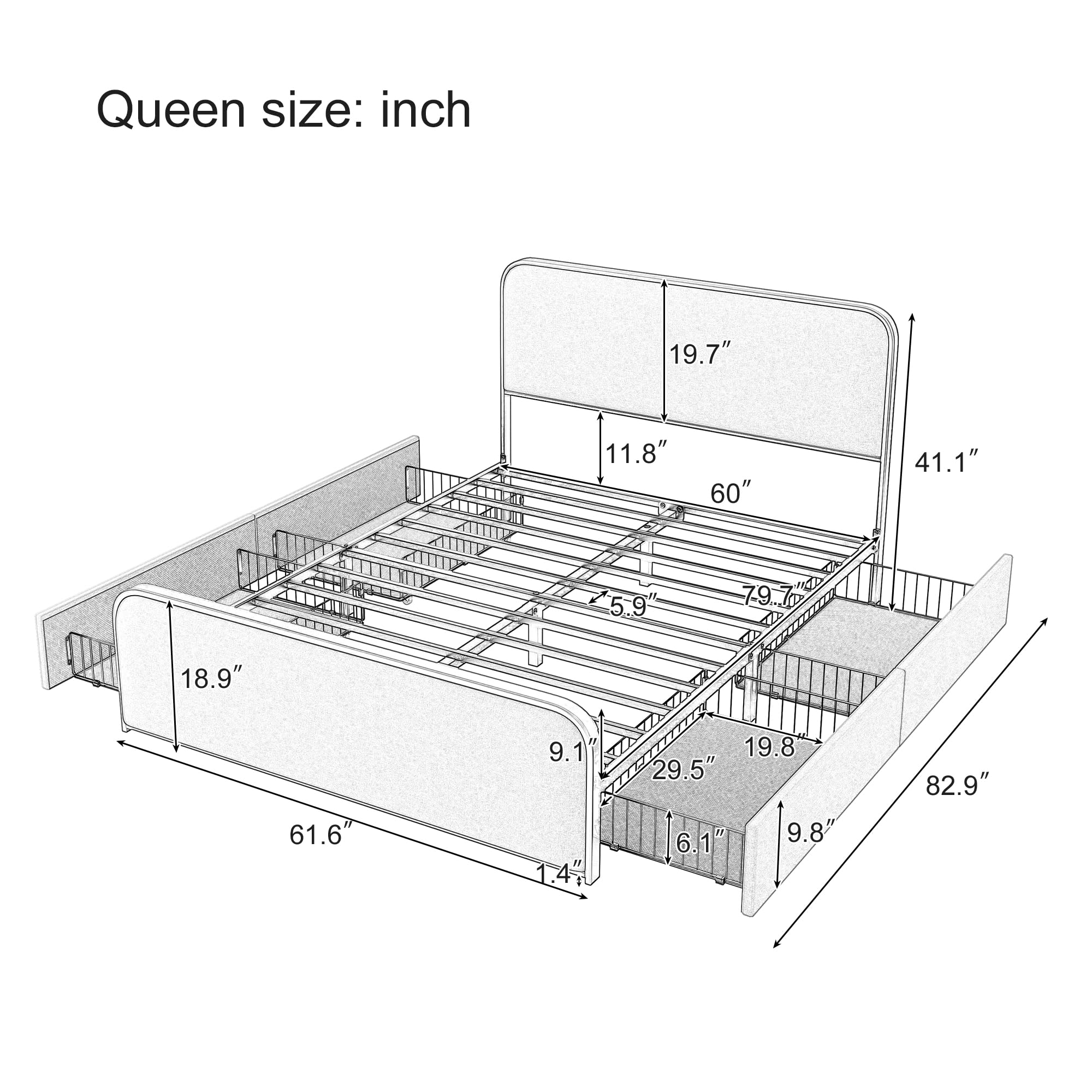 Queen Size Modern Metal Bed Frame with Curved Upholstered Headboard and Footboard,