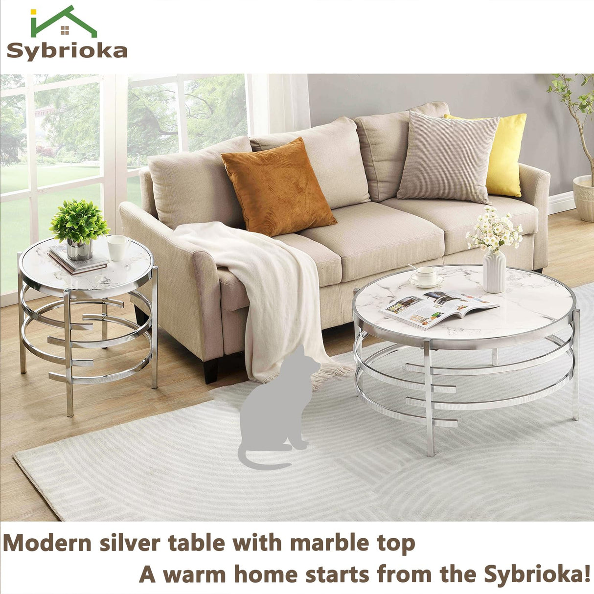 Coffee Table Marble Stone Silver Living Room Table Modern Round Sofa Side Table