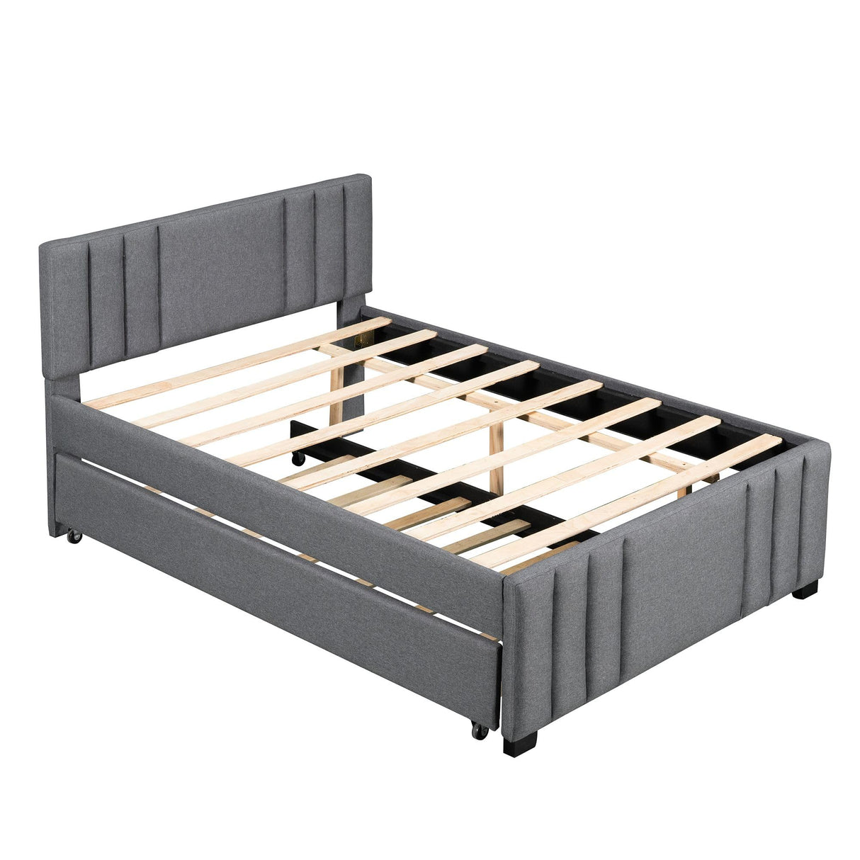 Platform Bed with Trundle, Modern Design and Tufted Linen, Grey