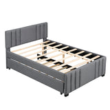 Platform Bed with Trundle, Modern Design and Tufted Linen, Grey