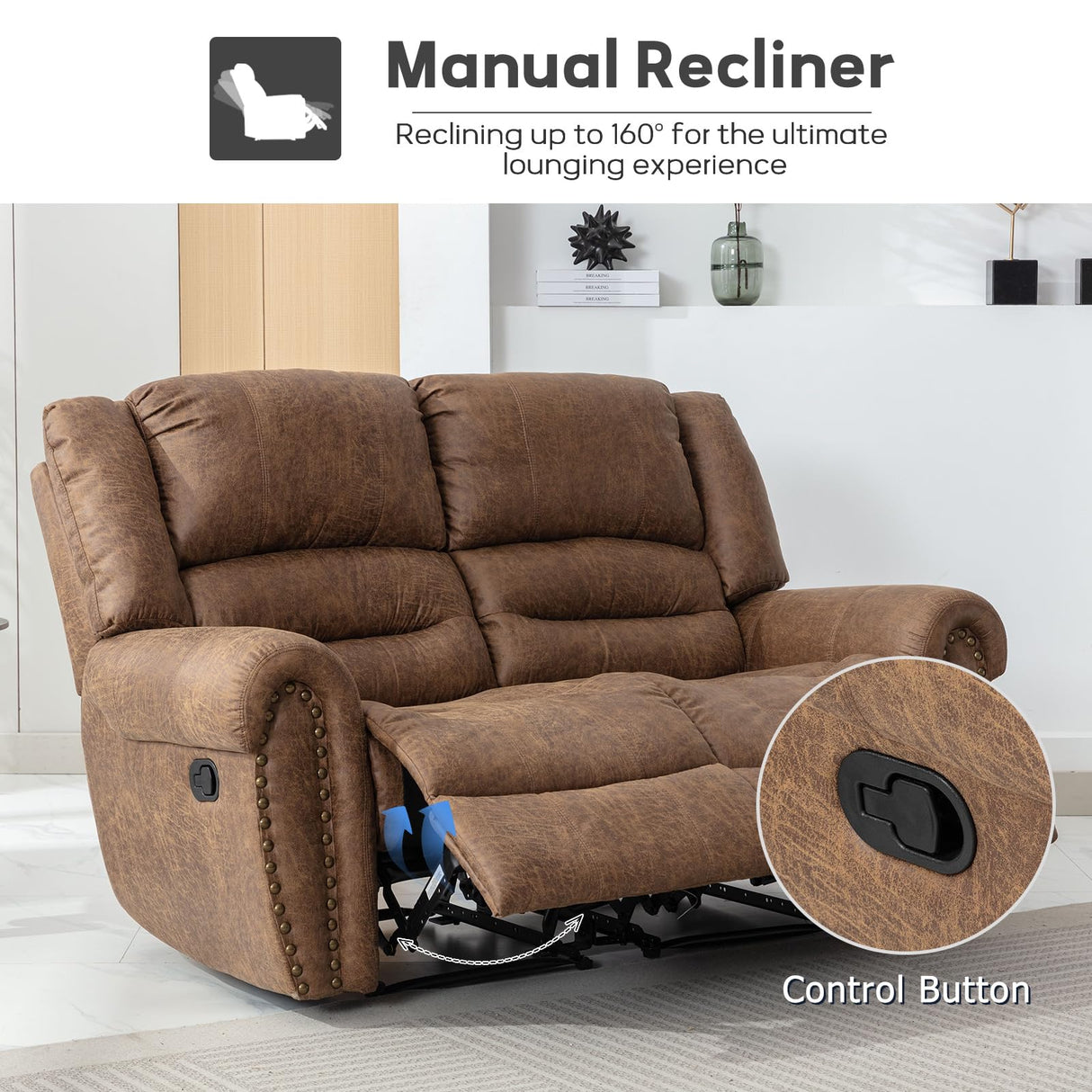 Faux Leather Manual Loveseat Recliner, 2 Seat Reclining Sofa Chair