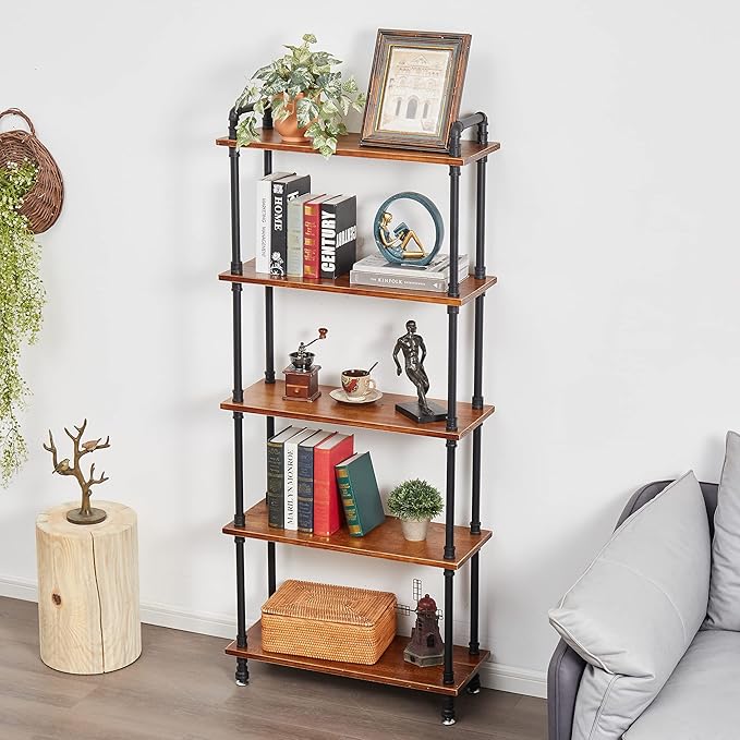 Industrial Bookshelves, Wood Pipe Bookshelf, 5 Shelf Rustic Display Storage Tall Standing