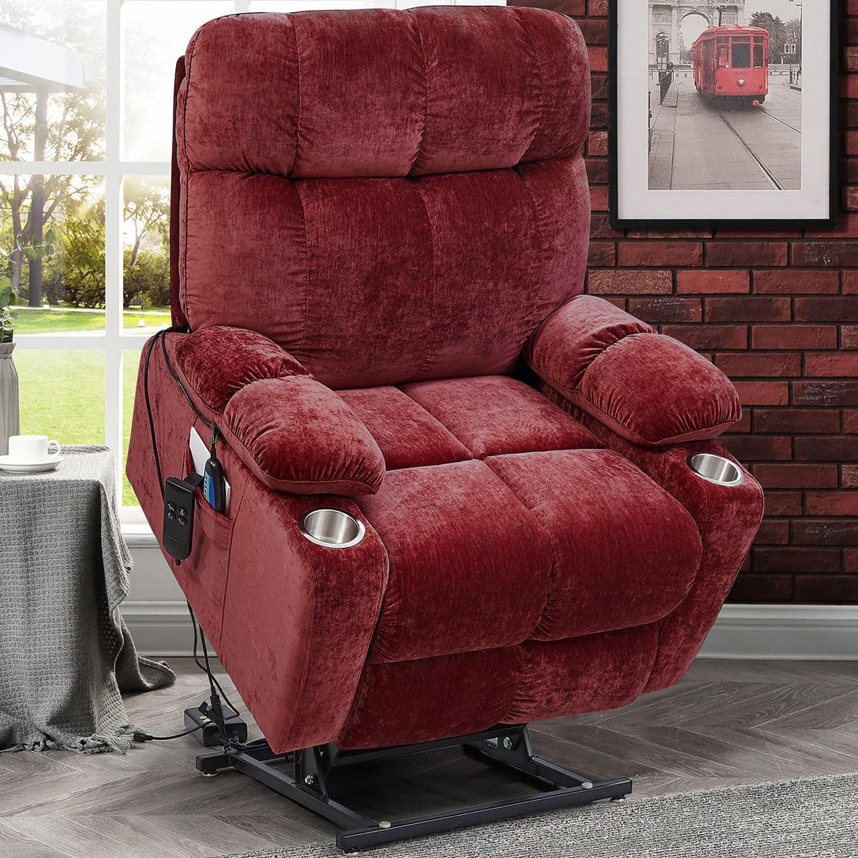 Plococo 180 Degree Flat Sleeping Electric Dual OKIN Motor Lift Recliner Chair with Vabriation Heating for Elderly, Infinite Position Soft Fabric Power Recliner Sofa Chair for Living Room Red