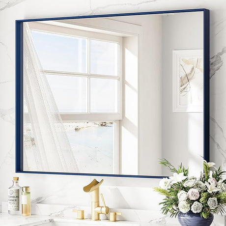 Silver Bathroom Vanity Mirror 60 x 30 Inch Rectangular Wall Mirror Large Metal Framed Mirror Square Corner Farmhouse Mirror,