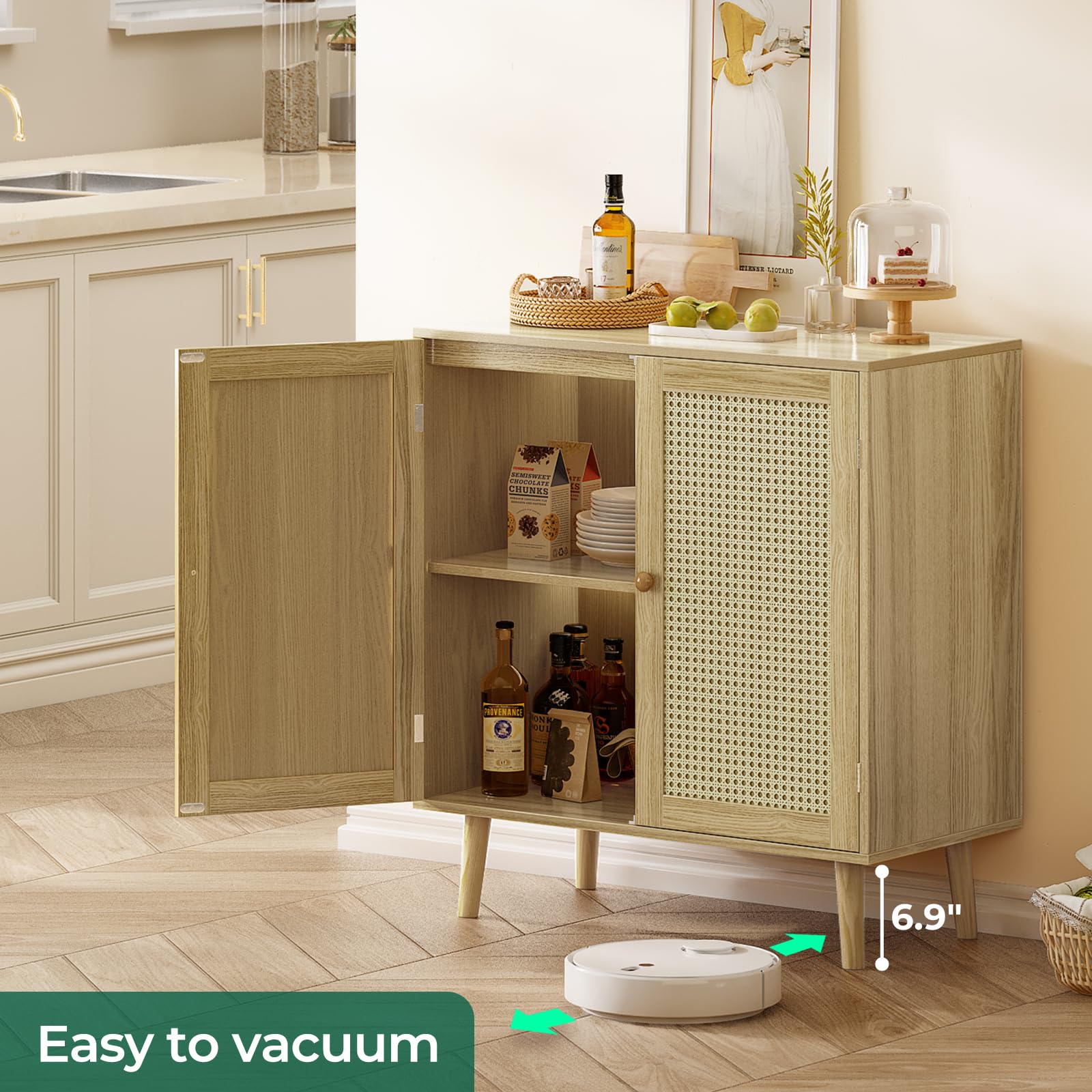 Buffet Cabinet with Storage, Storage Cabinet with PE Rattan Decor Doors, Accent Cabinet
