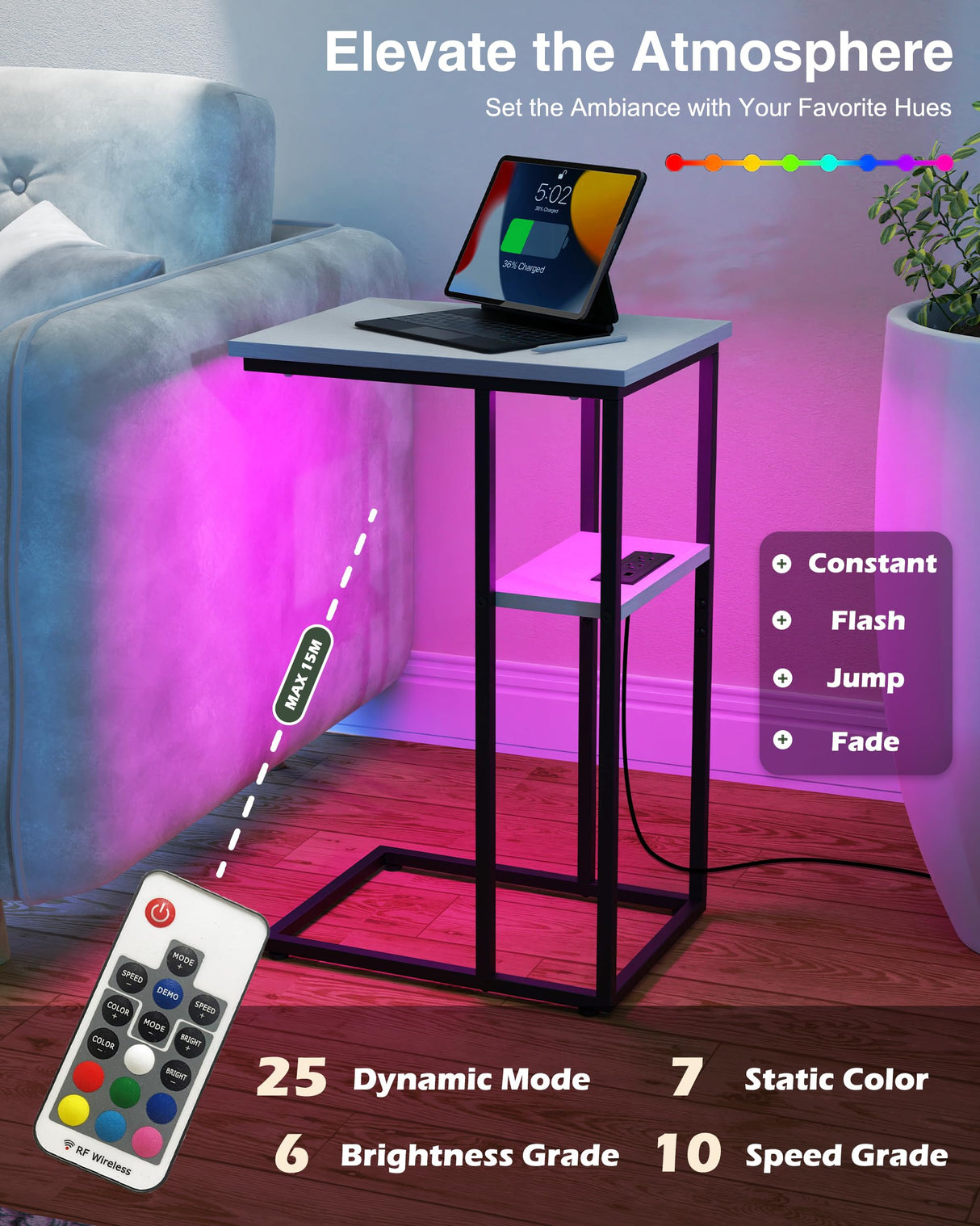 Side Table with Charging Station Set of 2, C Shaped End Table with LED Light Strip