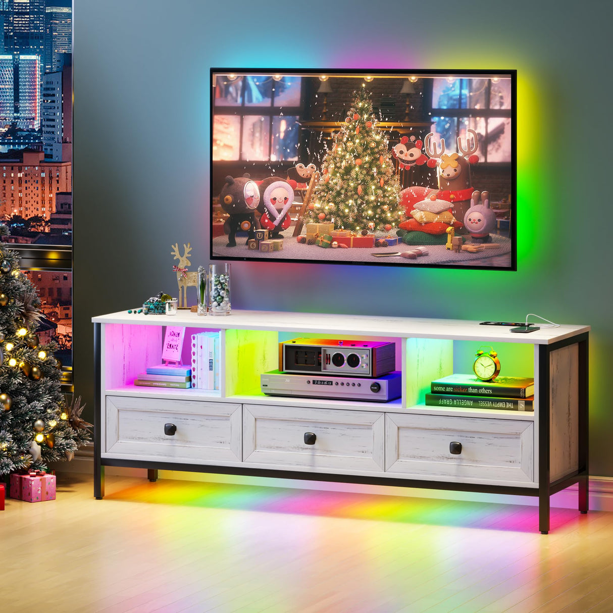 RGB TV Stand with 24 Color Lights,55’’ to 70 Inches Televisions with Wireless Charging Station