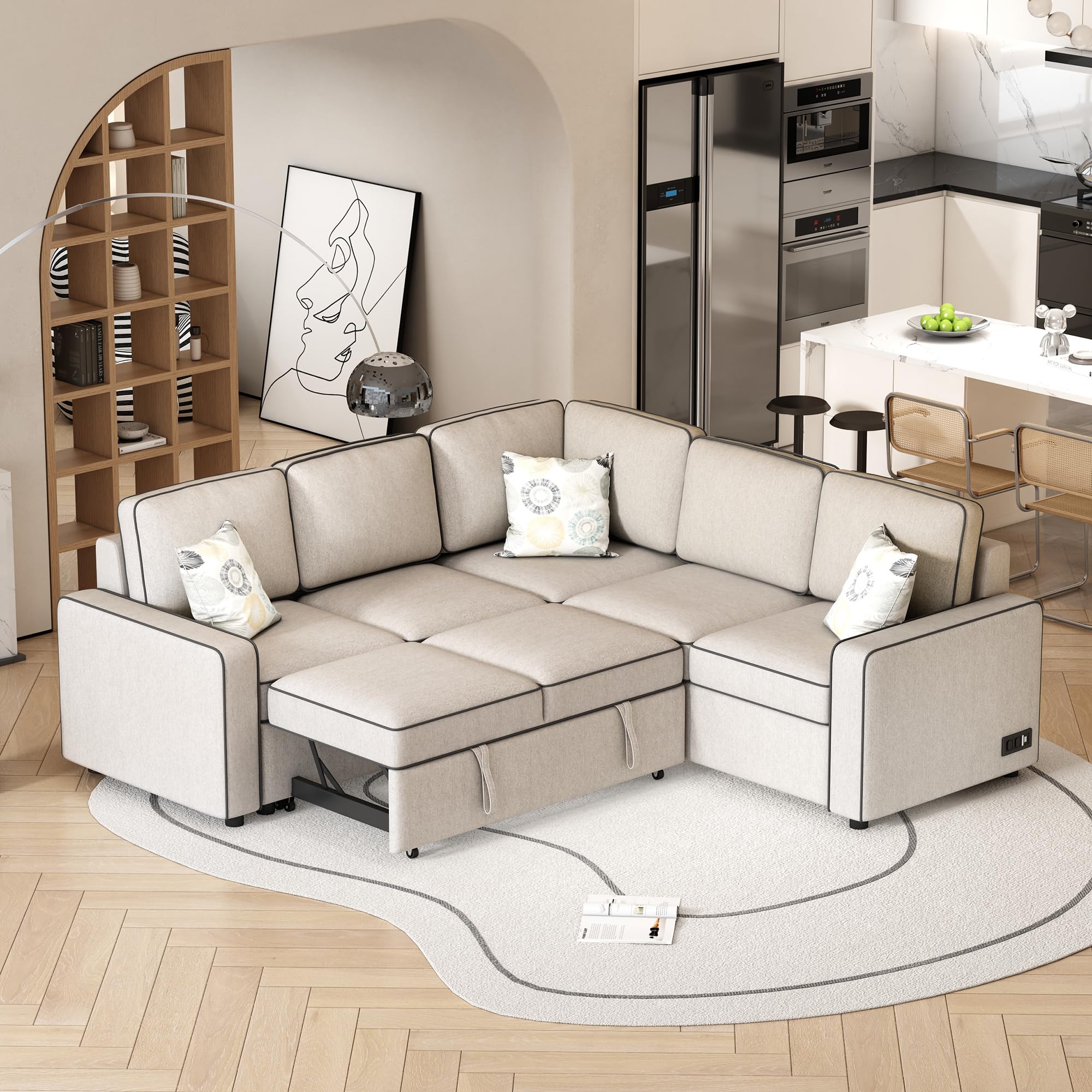 Sectional Sofa Bed L-Shaped, Modern Convertible Corner Sleeper Couch w/2 USB Ports