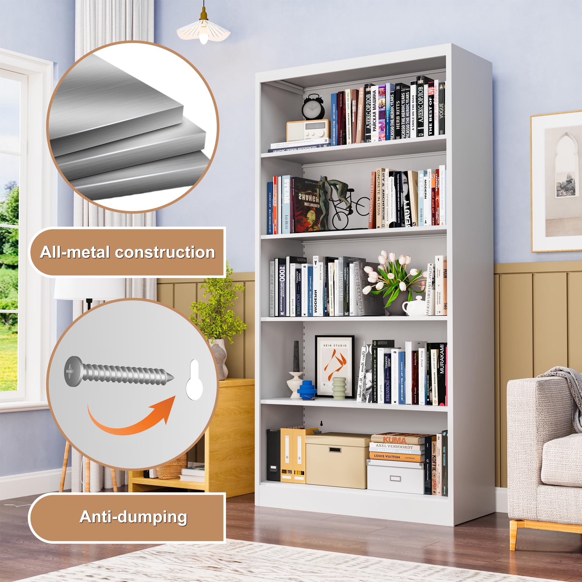 Bookshelf,White Metal Bookshelves,33" Wide Open Bookcase
