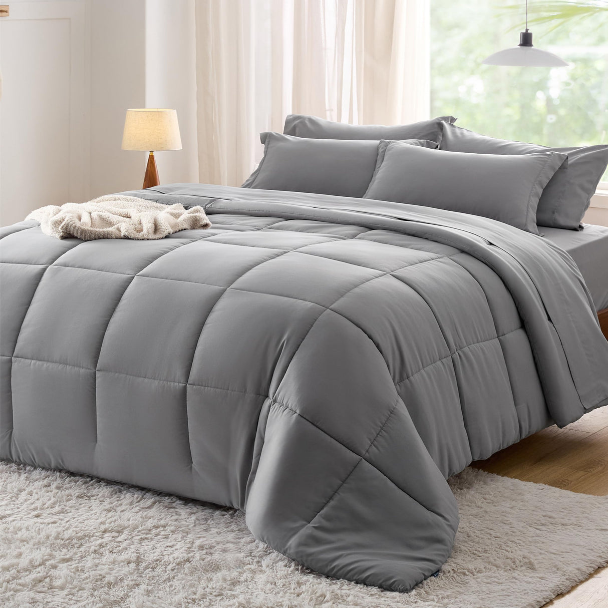 King Size Comforter Set - 7 Pieces Solid King Bed Set, King Bed in a Bag Grey with ComforSheets