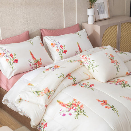 8 Pcs Bed in a Bag Queen Botanical Floral Comforter Set Pink Flowers