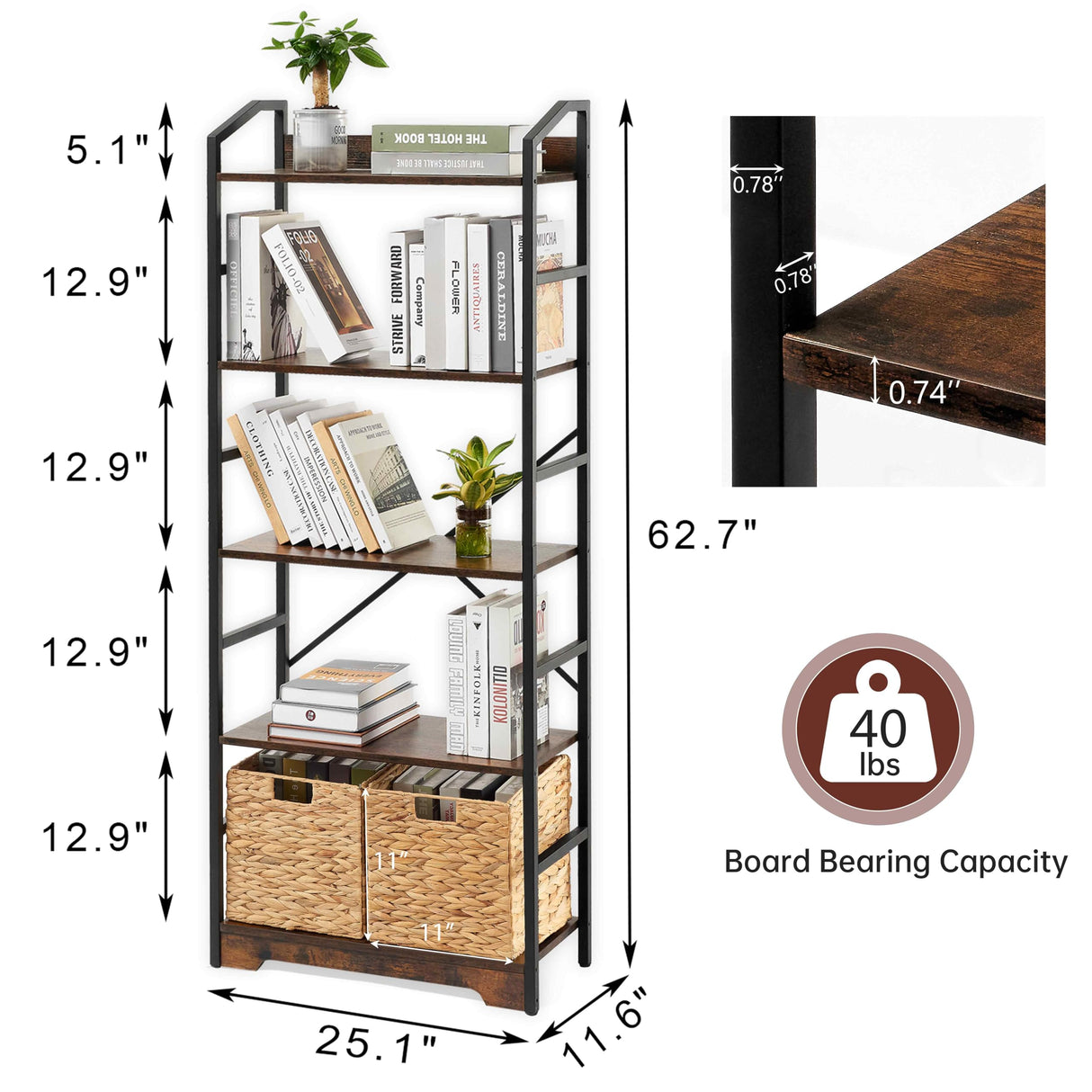 5 Tier Bookshelf with 2 Storage Baskets, Tall Bookcase Shelf Storage Organizer Wood Book Shelf, Modern Shelf Rack Shelves with Steel Frame, Multipurpose Bookshelf for Bedroom Living Room