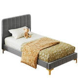 Twin Bed Frames, Modern Velvet Upholstered Platform Bed with Headboard, Soft Rounded