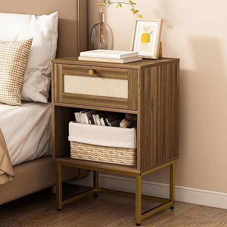 Rattan Nightstand,Farmhouse Bedside Table with Storage Drawer and Open Shelf,Modern