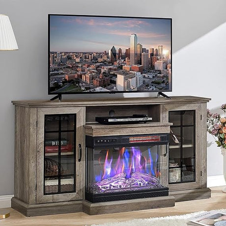 3 Sided Glass Fireplace TV Stand for TVs up to 65