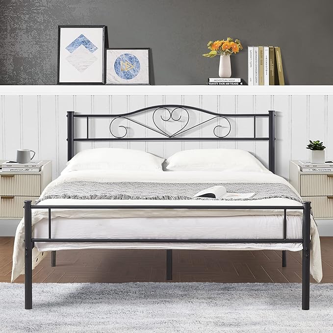 Metal Platform Bed Frame with Headboard & Footboard, Steel Slats Mattress Foundation